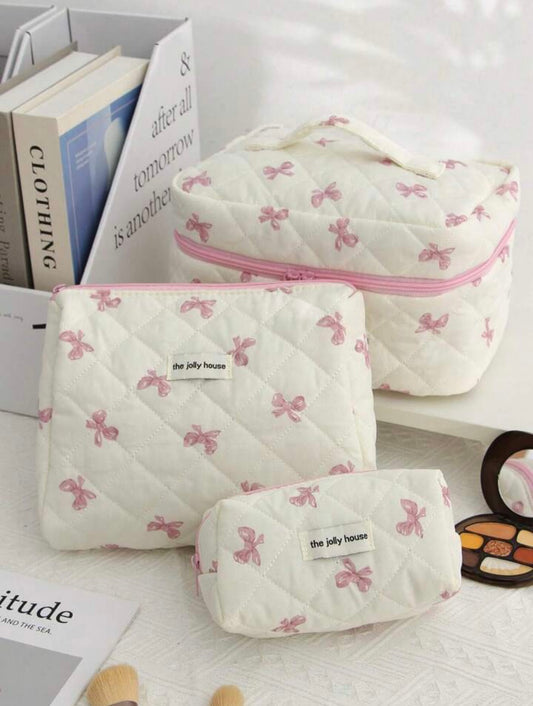 "Pink Bow" Quilted Makeup Bag Set