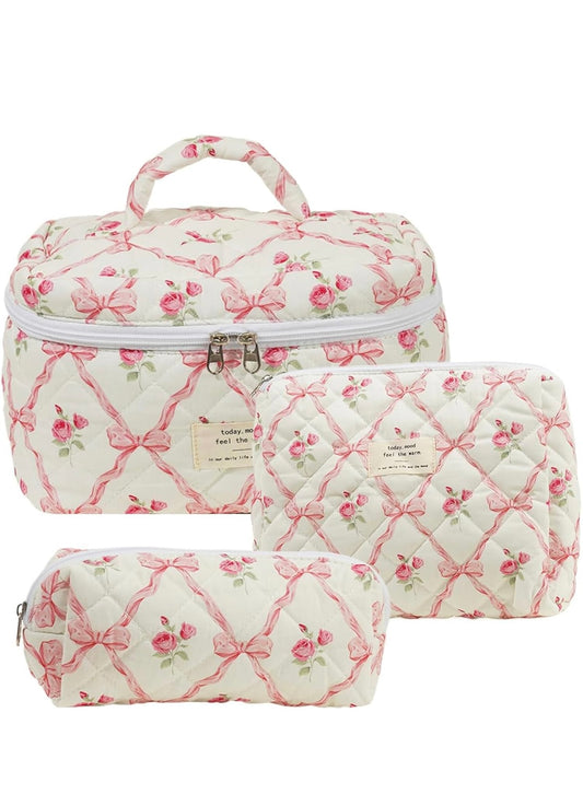 "Vintage Bow" Quilted Makeup Bag Set