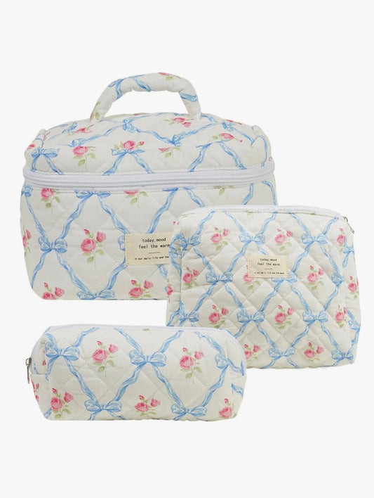 "Vintage Bow" Quilted Makeup Bag Set