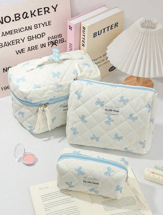 "Blue Bow" Quilted Makeup Bag Set